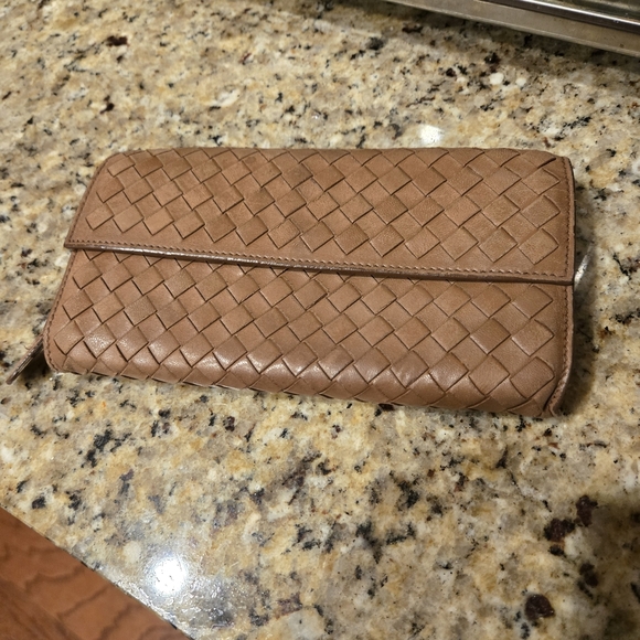 Bottega Veneta Handbags - This is a Bottega Veneta Intrecciato Woven Tan Leather Continental Flap Wallet